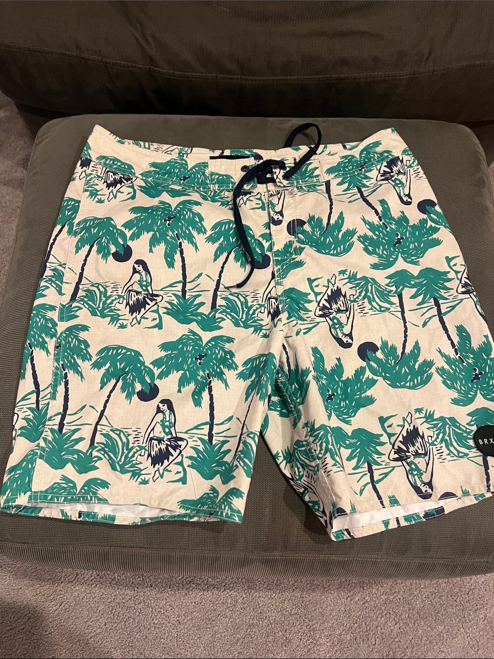 Brixton Cream Swim Shorts with Teal Palm Print and Navy Trim